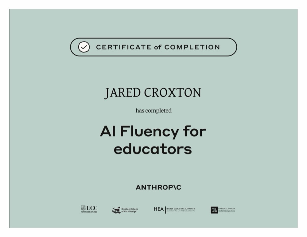 Anthropic certificate awarded to Jared Croxton for AI Fluency for Educators