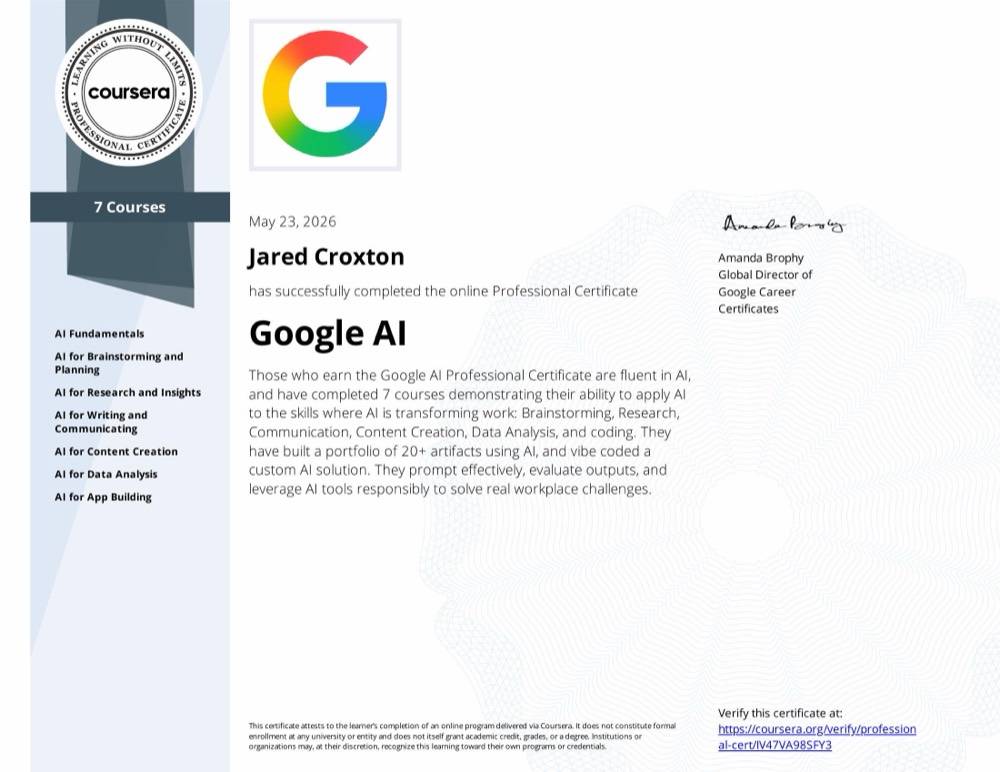 Google AI Professional Certificate awarded to Jared Croxton, seven courses completed via Coursera