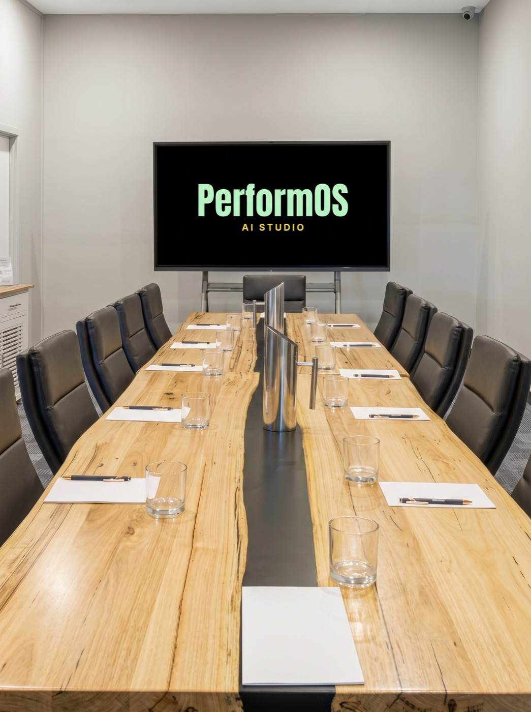 The private boardroom at North Lakes Hotel: a long timber table, twelve leather chairs, and a screen showing PerformOS