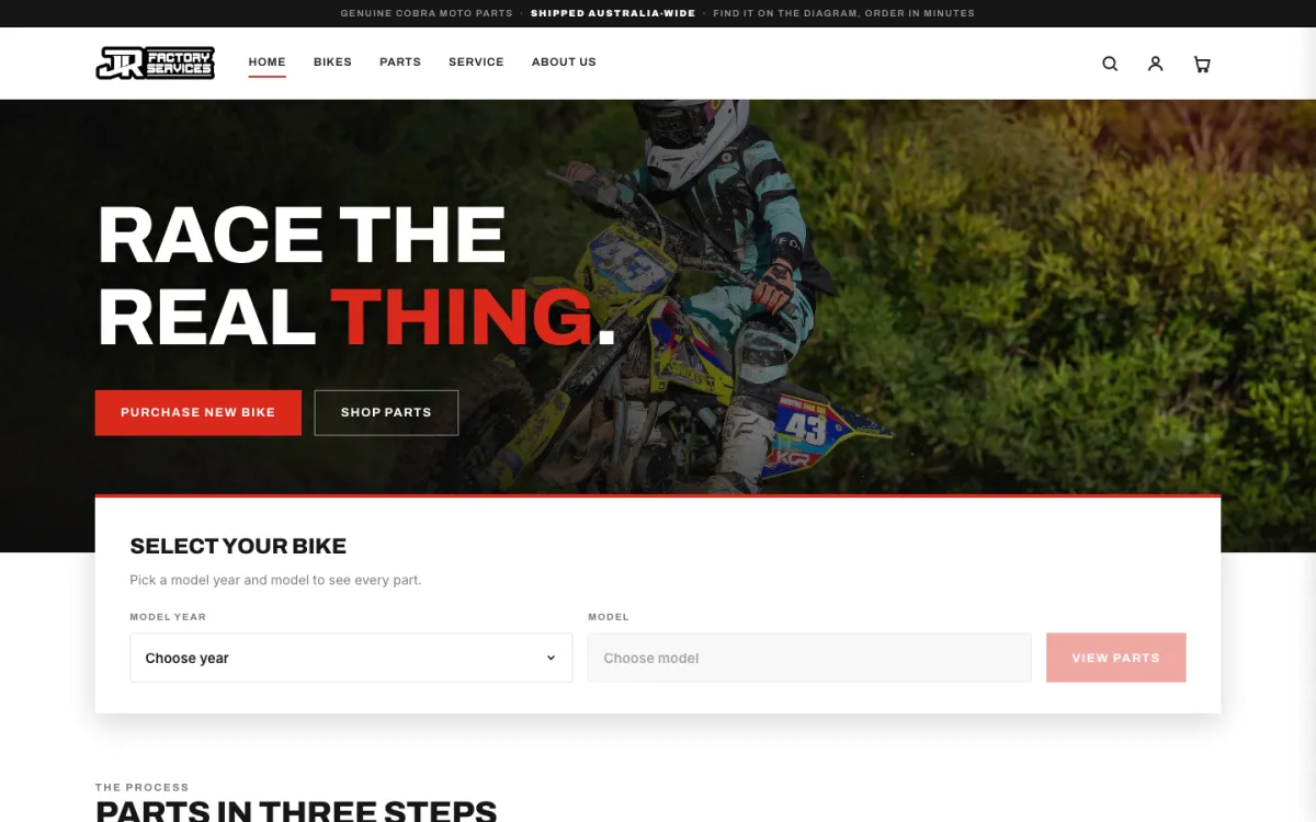JR Factory Services storefront: a motocross rider and a bike parts selector