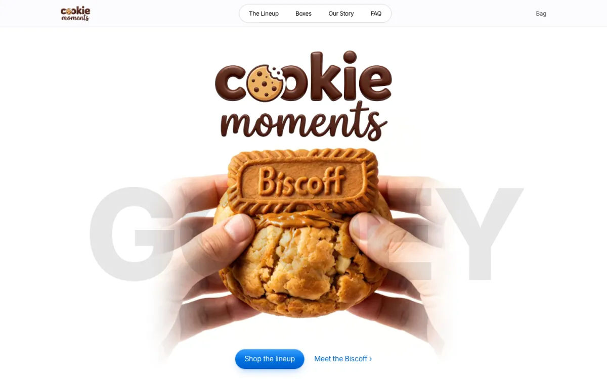 Cookie Moments online store: a loaded Biscoff cookie held in two hands