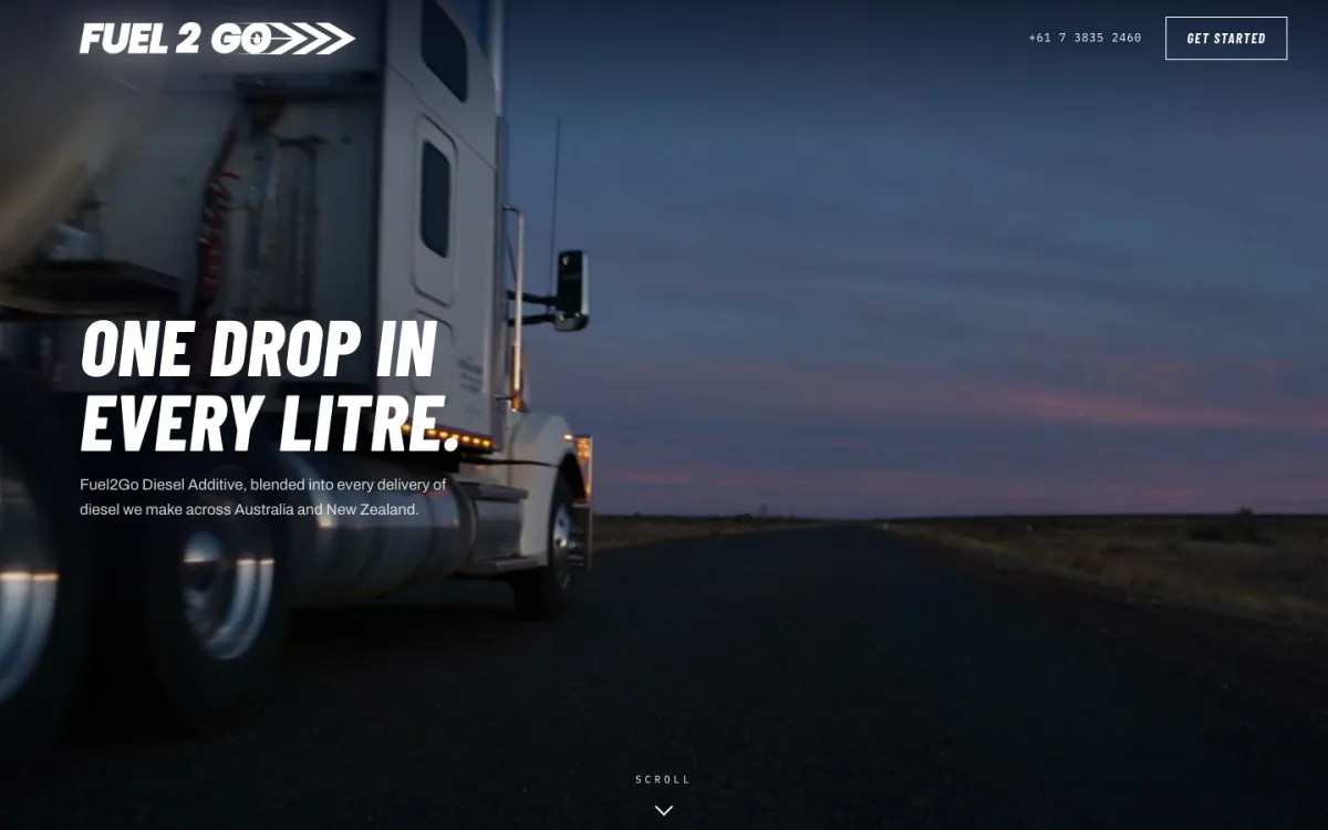 Fuel 2 Go website: a truck at dusk with the line One drop in every litre