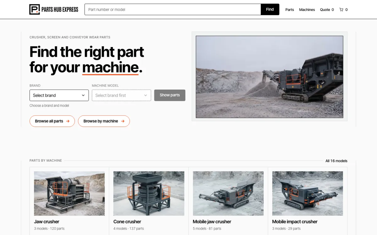 Parts Hub Express storefront: a parts finder by machine brand and model