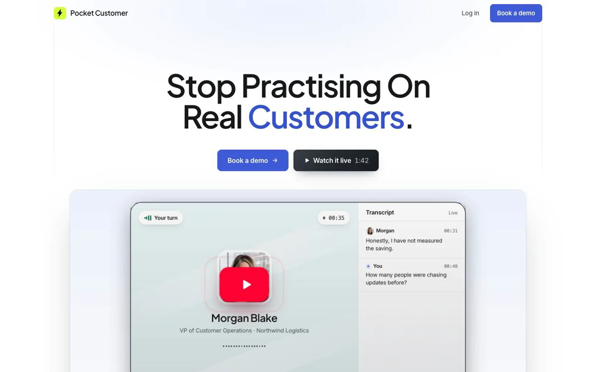Pocket Customer: a practice sales call with an AI customer, with a live transcript beside it