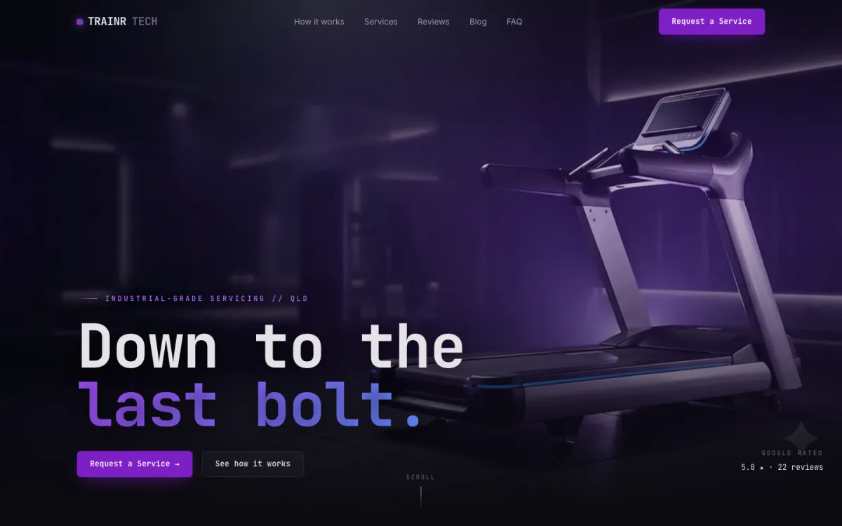 Trainr Tech website: a treadmill in purple light with the line Down to the last bolt